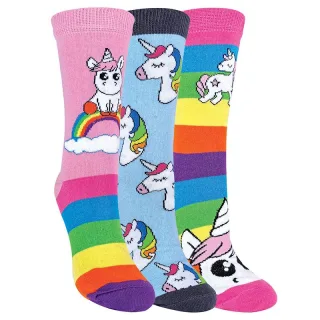 Childrens Mädchen 3 Pack mythische Einhorn gestreift Regenbogen Thema Socken