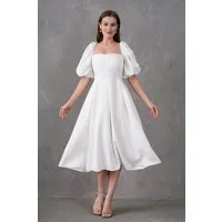 WOMAN VISION Abendkleid Trägerloses, kurzärmeliges, ausgestelltes Midikleid mit Ausschnitt