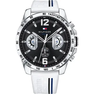 Stylische Herrenuhr von der Marke Tommy Hilfiger. Die Uhr hat ein Kautschukarmband, das auch kleiner gemacht werden kann, das Gehäuse hat einen Durchmesser von 46 mm und das Uhrwerk ist ein Quarzwerk. Marke: Tommy HilfigerModellname: 1791475 (46mm)Ka