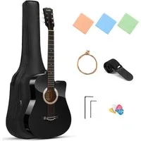 Moukey Akustikgitarre 38 Zoll für Anfänger, komplettes Gitarren Set mit Tasche, Plektren, Dreadnought, Tragetasche, Plektren, Ersatzsaiten, Gurt, Leicht und tragbar