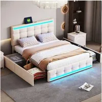 Flieks Polsterbett, LED Doppelbett 4 Schubladen 2 USB-Anschluss 140x200cm Leinen