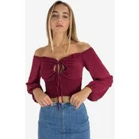 Elara Blusentop – Carmenbluse mit Smokbund und Raffdetail