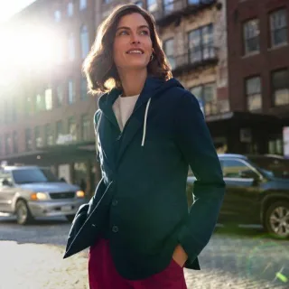 Strickblazer mit abnehmbarer Kapuze, Damen,  Blau, Baumwoll-Mischung/Polyester-Mischung, by Lands' End