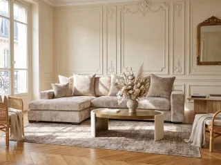 Ecksofa mit Schlaffunktion BENICIO Sofa in Stoff Flow Beige Ottomane Links