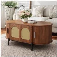 Merax Couchtisch Oval Sofatisch Skandinavisch Beistelltisch mit Rattan-Oberfläche (100 x 50 x 40 cm, 1-St), Wohnzimmertisch mit Klapptür, 2 Schiebetüren, Stauraum & Metallbeine