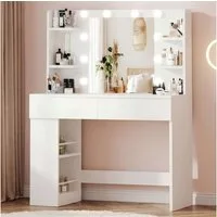 HOMALL Schminktisch mit Spiegel, LED-Beleuchtung, einstellbare Helligkeit, ostern (Langex Brete x Hthe) 90/110 x 40x 135 cm. B ofene Facher (2 seitiche Facher sind nach inks und rechts verschiebban. 2 groBe Schubladen)