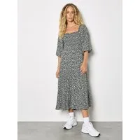 Apricot Midikleid Midi-Kleid mit Smok und zierlichem Blumenmuster