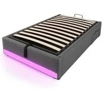 SOFTWEARY Futonbett mit LED-Beleuchtung und Aufbewahrung (mit Mehrfachsteckdose, 90x200 cm), Einzelbett ohne Kopfteil, Leinen