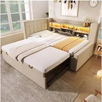 Odikalo Schlafsofa Schlafcouch 90x200 mit LED Ausziehbett und Stauraum, Polsterbett Bett 90x200 cm mit Ausziehbett 90x190, und LED-Beleuchtung,Struraumbett, L-förmigem Kopfteil mit Stauraum, beidseitig montierbar, Lattenrost, Leinen, (Ohne Matratze)