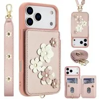Wigento Handyhülle Für Apple iPhone 17 Pro Crossbody Kunstleder Blumen Hülle Rose Gold, Mit Kartenfächern, Gurt, Kickstand-Funktion