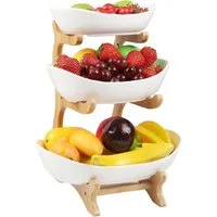 Refined Living Obstschale Obstschale, Fruchtkuchen Stehen, 3-stöckiger Keramik-Obstkübel, Bambusholz + Keramik C, (Keramik Obstschale, Obstablage mit Holzständer, Dekorative Obstablage, Mehrstöckige Obstschale, Küchenablagekorb, Küchenablagekorb und 