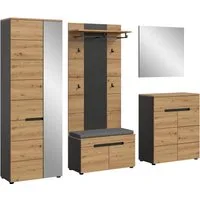 furnling Garderoben-Set Cano, (6-St., Paneel, Schrank, Schuhkommode, Sitzbank (inkl. Sitzkissen), Spiegel), Flurmöbel, Garderobenmöbel, Höhe 190 cm, Basalt grau/Artisan