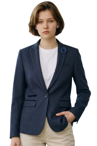 Damen, marineblauer karierter Woll-Mix, Fischgrät-Tweed-Sakko – Caridi