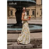 SASSYCLASSY Maxikleid Gesmoktes Musselin Bandeau Kleid Damen Luftiges Maxikleid mit Lemon-Print und fließendem Stufenrock Gelb