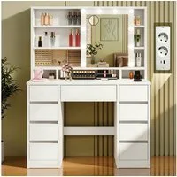 oyajia Schminktisch mit Spiegel und LED-Leuchten,9 Schubladen, Steckdosenleiste (Großer Schminktisch mit Verschiebbarer Spiegel, 110 x 40 x 141.5cm), 9 Schubladen,3 Lichtfarben,1 Schmuckfach,für Schlafzimmer,Holz,Weiß