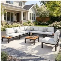 PHI VILLA Gartenlounge-Set, (Balkonmöbel Outdoor Ecksofa, Metall Gartenmöbel Set), Außen Gartensofa Wetterfest mit Couchtisch und Kissen, Beige-Grau