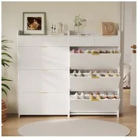 PXloue Schuhschrank mit 2 Klappen Schuhregal Schukipper( mit Kippsicherung)  (mit 2 Schubladen) Schuhkommode im Flur Diele,Trennwand verstellbar, 110x24x80 cm