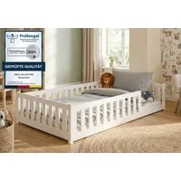 Kids Collective Kinderbett Bodenbett Bett mit Rausfallschutz & Lattenrost Montessori Bett Kinder (Jungen, Mädchen, Kinder, weitere Größen 80x160, 80x180, 90x190, 90x200, 140x200 cm), Jugendbett Gitterbett Einzelbett, Weiß Kiefer 120x200 cm