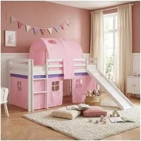 Homestyle4u Hochbett 90x200 Kinderbett mit Leiter und Vorhang Weiß Rosa Holz Treppe Kinder (Komplett-Set mit Lattenrost, mit Rutsche, mit Tunnel, Matratze mit OEKO-TEX® Standard 100) Kiefer, Jungen Mädchen, Spielbett