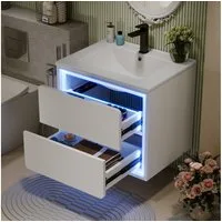 Flieks Waschtisch Waschbeckenunterschrank mit Waschbecken Badschrank Waschplatz (wandhängend, 1-St., B60/T46/H50 cm), Badmöbel-Set mit LED-Radarsensor-Beleuchtung und 2 Schubladen Weiß