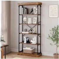 GarveeMore Bücherregal mit 6 Ebenen,Industrie-Bücherregal aus Holz,80x30x187cm, großes Vintage-Präsentationsregal für Schlafzimmer,Wohnzimmer