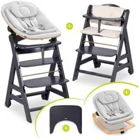 Hauck Hochstuhl Beta Plus Dark Grey Newbornset Eco - Light Grey (Set), Holz Babystuhl ab Geburt mit Neugeborenensufsatz, Sitzkissen, Essbrett