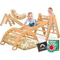 KIDIZ Klettergerüst mit Kletterbogen Montessori 7in1 Spiel-Set aus Holz, (inklusive Rutsche, Kletterdreieck, Kissen, Tafel & Lern-Uhr), Indoor Spielplatz für Kleinkinder ab 1 Jahr & Kinder bis 3 Jahre
