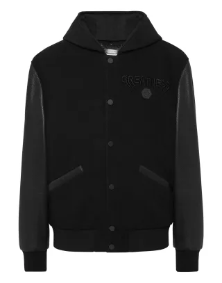 Hooded Varsity Bomber With Leather Sleeves Greatness