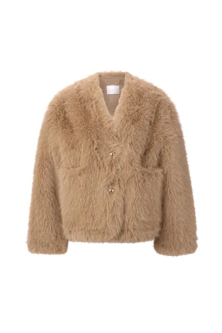 Rich & Royal - Boxy V-Neck Faux Fur Jacket caffee latte - Gr. - 38