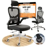 CLOUVOU Bürostuhl Ergonomisch, Schreibtischstuhl bis 150 kg - Testsieger (SmartSeat - Chefsessel für Arbeitszimmer, 3D-Kopfstütze & Flip-Up Armlehnen), Blade Wheels, Homeoffice, Gaming Stuhl, Drehstuhl