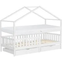 ML-DESIGN Spielbett Hausbett Kinderbett inkl. 2 Schubladen, Lattenrost und Rausfallschutz, Abenteuerbett 90x200cm mit Matratze Himmelbett Kiefer Jugendbett Weiß