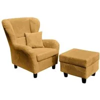 luma-home Ohrensessel 18022 (mit Hocker und Zierkissen, Wellenunterfederung, B90/H98/T76 cm), Lesesessel mit Echtholzfüßen, Bezug Cordstoff in Gold Ockergelb