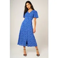 FS Collection Sommerkleid Damen Midikleid Sommerkleid Freizeitkleid mit Knopfleiste V-Ausschnitt (XS (EU:36 / UK:8) · S (EU:38 / UK:10) · M (EU:40 / UK:12) · L (EU:42 / UK:14) · XL (EU:44 / UK:16) Knopfleiste, Allover-Blumenmuster, geraffte Taille am