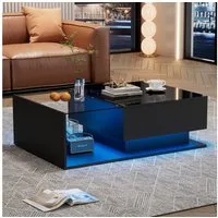 Merax Couchtisch mit Glastischplatte und Schublade, Beistelltisch Hochglanz mit LED inkl. APP, Wohnzimmertisch
