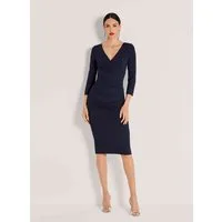 MADELEINE Etuikleid Stretchkleid in Wickeloptik Glanzkleid mit V-Ausschnitt, Knielänge und 3/4-Arm