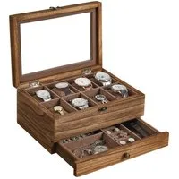 SONGMICS Uhrenbox Uhrenkasten, Schmuckaufbewahrung, mit 8 Fächern, Glasdeckel, Uhrenkissen, 27 x 20 x 13 cm (L x B x H)