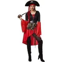 dressforfun Piraten-Kostüm Frauenkostüm Piratenkönigin, Kleid im Vokuhila-Stil mit abgesetztem Totenkopfmuster