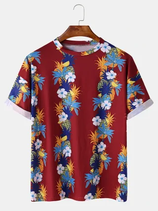 Mens Fashion Floral Printing Crew Neck Breathable Short Sleeve Casual T-Shirts