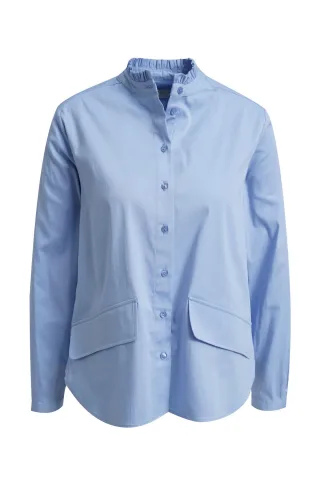 Milano Italy - ruffled stand up collar blouse w flap pockets 1/1 sleeve sky - Gr. - 36