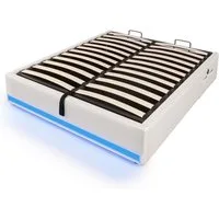 SOFTWEARY Futonbett mit LED-Beleuchtung und Aufbewahrung (mit Mehrfachsteckdose, 140x200 cm), Doppelbett ohne Kopfteil, Leinen