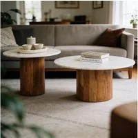 IDIMEX Couchtisch GANGA/YAMUNA, Wohnzimmertisch 80 cm mit Marmorplatte aus Akazienholz Weiß/Natur