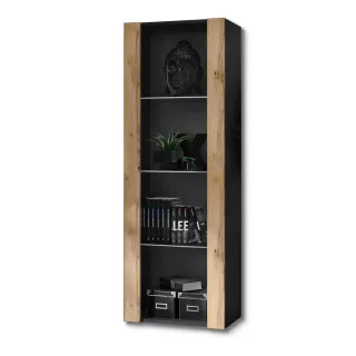 Komodee Vitrine, Schwarz, Eiche Wotan, Holzwerkstoff, Holz Optik, 3 Fächer, Rechteckig, 55x159x35 cm, Wohnzimmer, Wohnwände, Vitrinenschränke