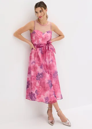 bonprix Midikleid aus zartem Tüll, pink, Gr.54, Modern und feminin: Kleid aus zartem Tüll in Midi-Länge mit transparentem Mesh-Einsatz und Bindeband