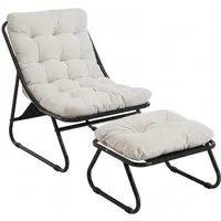 LVHOM Loungesessel mit Hocker, wasserdichtem Stahlrahmen, ergonomisch, für In-/Outdoor (Relaxsessel, bequeme Sitzfläche, Hocker als temporärer Sitz/Schuhwechselbank, rutschfestes Design, rostfreier Metallrahmen, Tragfähigkeit 130 kg), für Garten, Bal