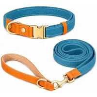 Illes-Laedchen Hunde-Halsband hochwertiges Hundehalsband & Hundeleine Set aus Nylon mit Leder, – Verstellbares Hunde Set in verschiedenen Größen & Farben