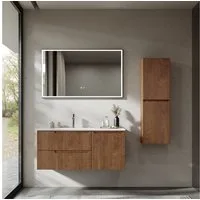 BRIDGE BENO Badmöbel-Set 100 cm Hängeschrank mit Mineralharzspüle, 2 Schubladen und Tür, Ultradünn, Soft-Close, Gerippter Akzent, Geeignet für große Badezimmer