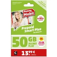 Penny Mobil Prepaid Smart Plus Simkarte mit 15 € Startguthaben Prepaidkarte, (EU-Roaming inkl. Schweiz)