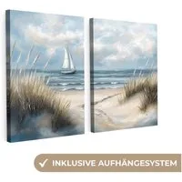 MuchoWow Leinwandbild Strand - Farbe - Natur - Boot, Fotodruck (2 St), Wand Bilder 2 Set, Deko Schlafzimmer Wohnzimmer Flur 60x40 cm