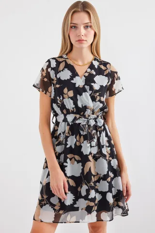 V-Ausschnitt Blüten-Minikleid mit Bindung