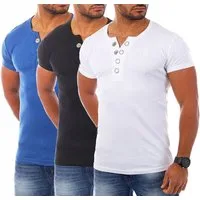 Young & Rich T-Shirt Herren basic fein gerippt mit trendigen extra großen Knöpfen 1872 mit Knopfleiste unifarben kurzarm slim fit